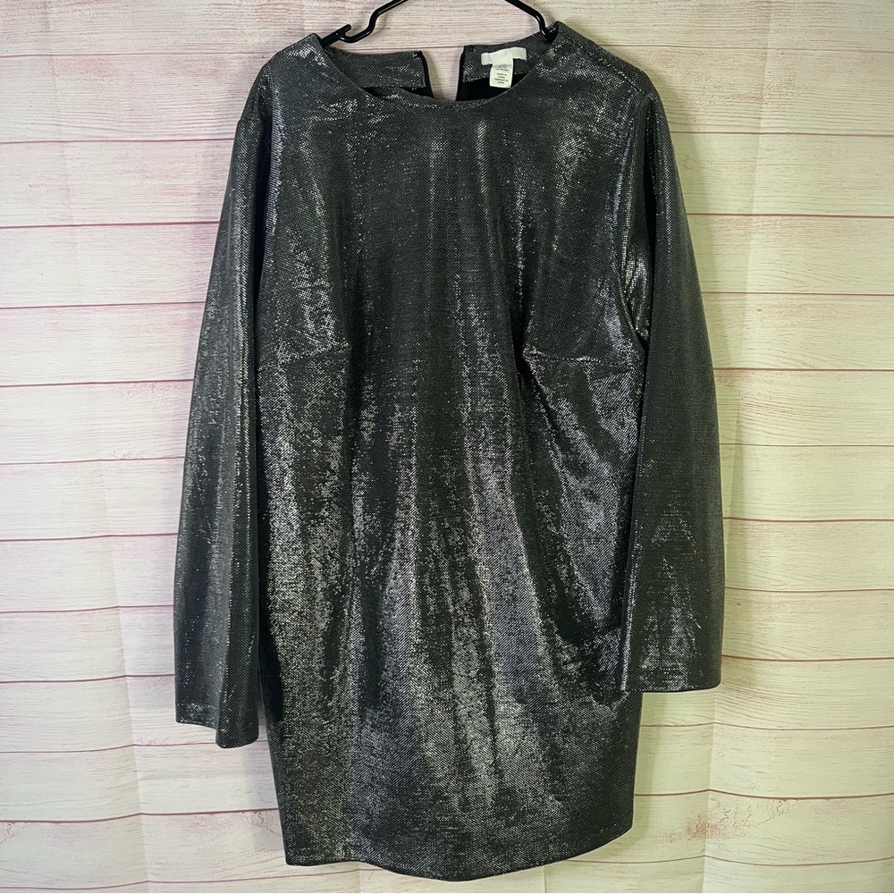 H&M Long-Sleeve‎ Silver Metallic Mini Dress Size XXL